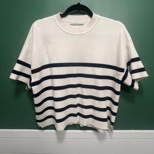 Abercrombie & Fitch Cream and Blue Striped Crew Neck Sweater